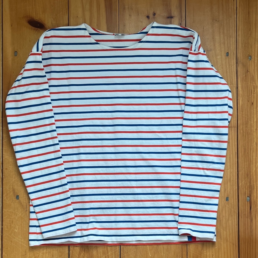 Kule Boyfriend Long Sleeve Tee - Poppy and Blue Stripe, Size S